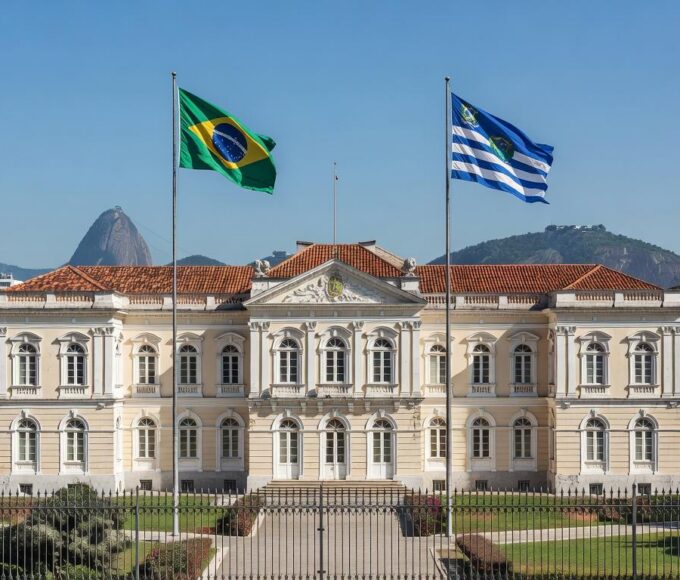 Palácio Guanabara no Rio de Janeiro com bandeiras, representando eleições diretas para mandato tampão no governo.