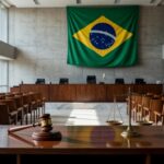 Sala de tribunal vazia no TJDFT em Brasília, representando julgamento de chacina com 10 vítimas no DF.