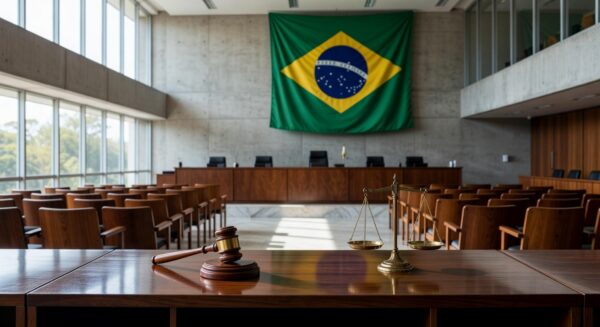Sala de tribunal vazia no TJDFT em Brasília, representando julgamento de chacina com 10 vítimas no DF.