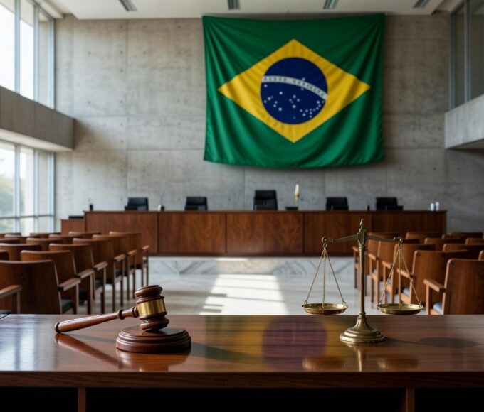 Sala de tribunal vazia no TJDFT em Brasília, representando julgamento de chacina com 10 vítimas no DF.