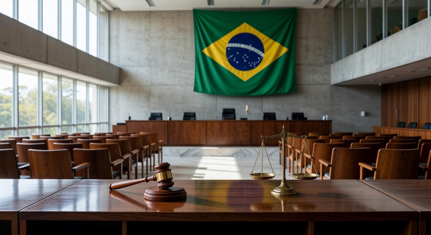 Sala de tribunal vazia no TJDFT em Brasília, representando julgamento de chacina com 10 vítimas no DF.