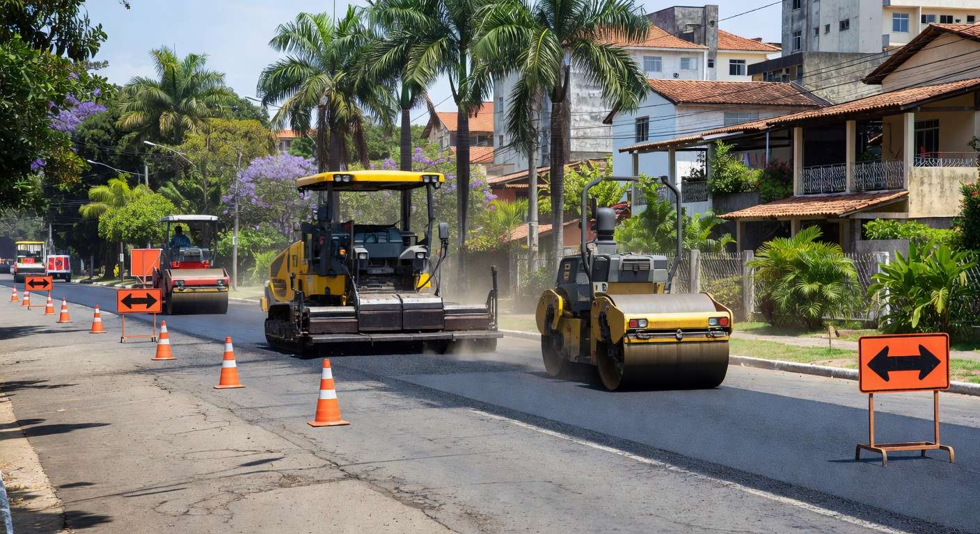 Obras de recapeamento asfáltico na Avenida Del Lago no Itapoã, com máquinas e sinalizações de trânsito.