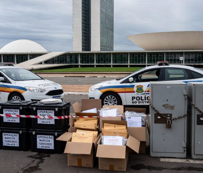 Viaturas da Polícia Civil do DF em Brasília durante Operação Eixo, com símbolos de bloqueio de R$ 1 bilhão contra tráfico.