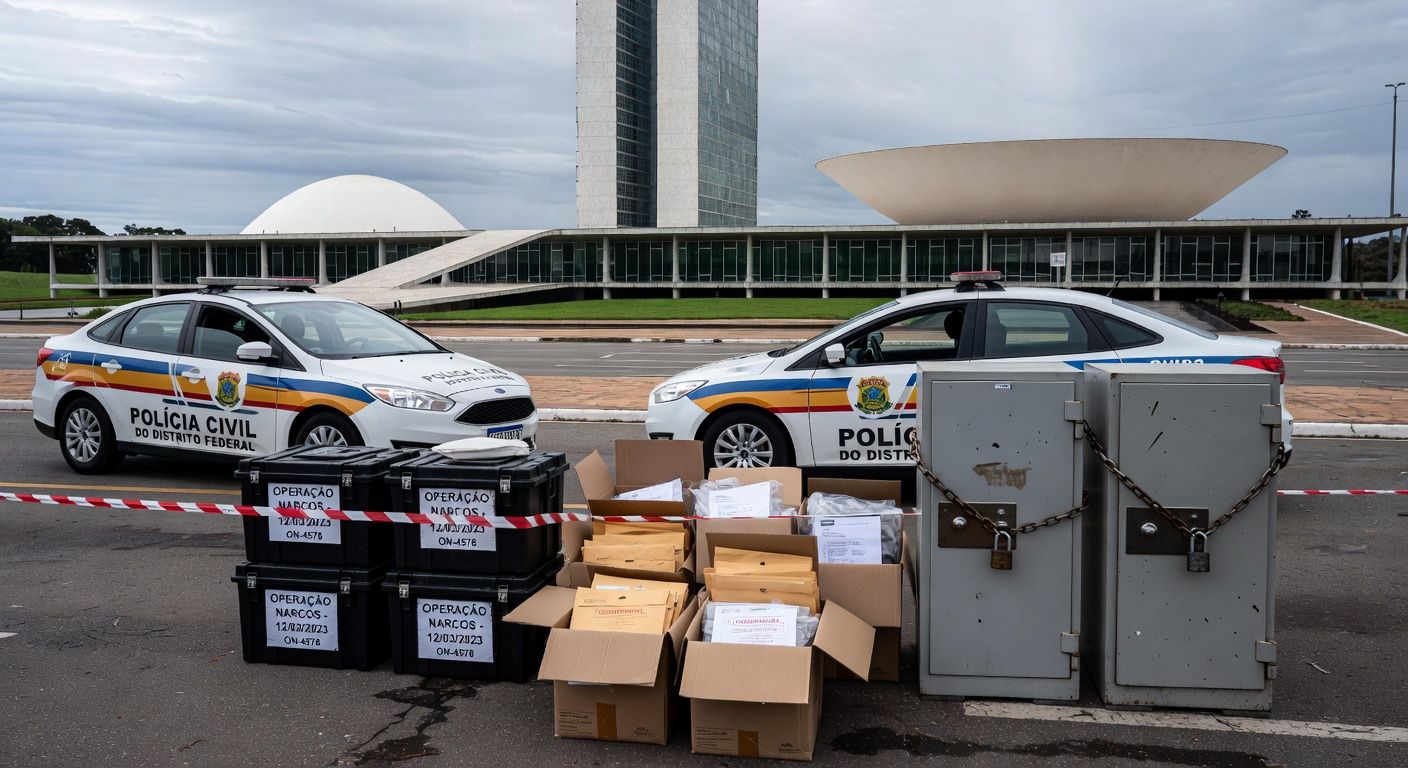 Viaturas da Polícia Civil do DF em Brasília durante Operação Eixo, com símbolos de bloqueio de R$ 1 bilhão contra tráfico.
