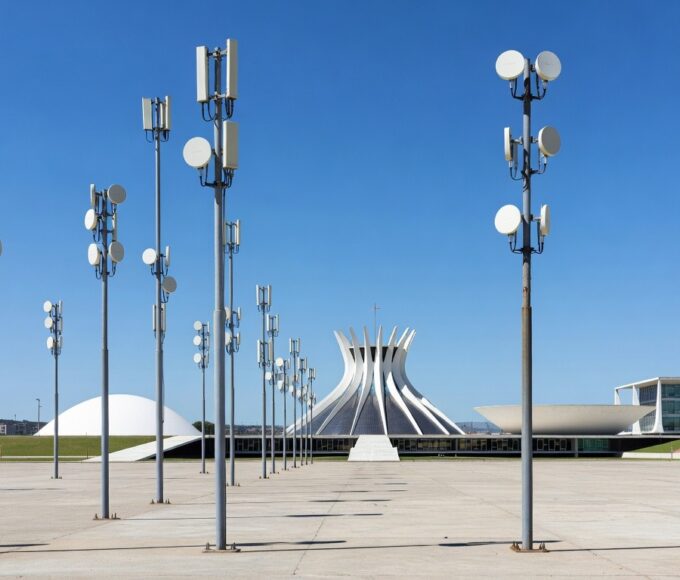Poste com antena de Wi-Fi público em praça de Brasília, com Congresso Nacional ao fundo, representando expansão do Wi-Fi Social DF.