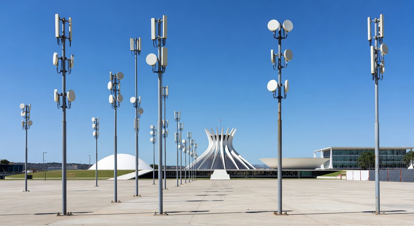 Poste com antena de Wi-Fi público em praça de Brasília, com Congresso Nacional ao fundo, representando expansão do Wi-Fi Social DF.