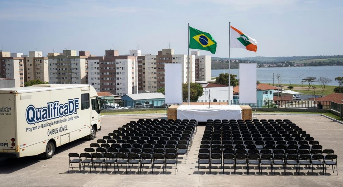 Unidade móvel do QualificaDF no Paranoá com banners de formatura, representando celebração de 580 alunos formados.