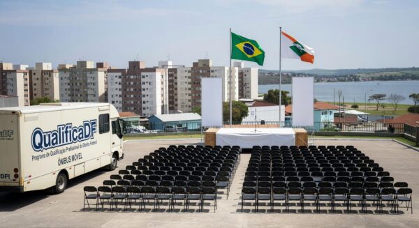 Unidade móvel do QualificaDF no Paranoá com banners de formatura, representando celebração de 580 alunos formados.