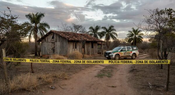 Chácara isolada em Planaltina, DF, com fita de isolamento policial e viatura, simbolizando disputa e chacina familiar.