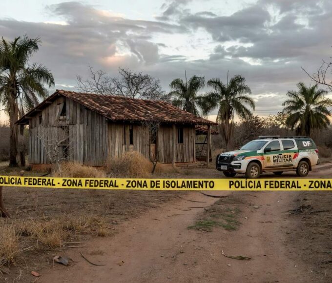 Chácara isolada em Planaltina, DF, com fita de isolamento policial e viatura, simbolizando disputa e chacina familiar.
