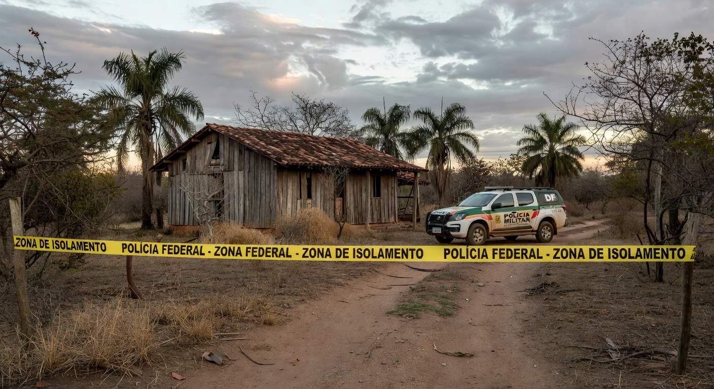 Chácara isolada em Planaltina, DF, com fita de isolamento policial e viatura, simbolizando disputa e chacina familiar.