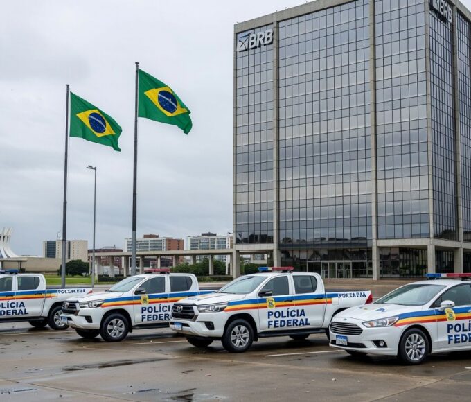 Viaturas da Polícia Federal em operação no edifício do BRB em Brasília, representando prisão por irregularidades.