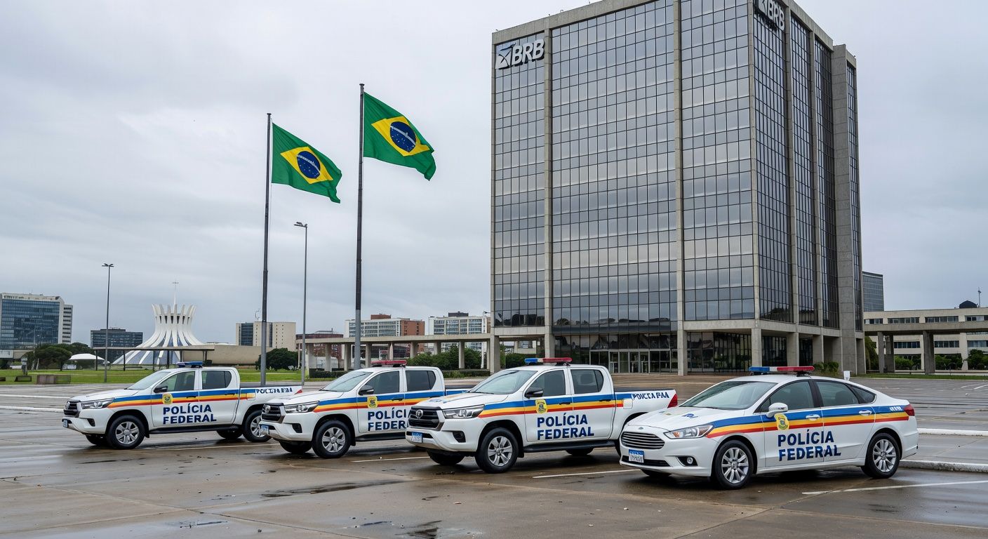 Viaturas da Polícia Federal em operação no edifício do BRB em Brasília, representando prisão por irregularidades.