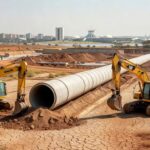 Obras hidráulicas em construção no DF com reservatório de água baixo, destacando escassez hídrica persistente.