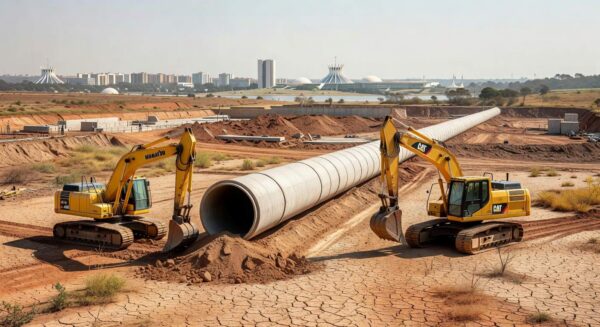 Obras hidráulicas em construção no DF com reservatório de água baixo, destacando escassez hídrica persistente.