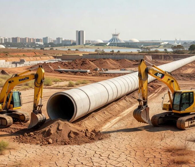 Obras hidráulicas em construção no DF com reservatório de água baixo, destacando escassez hídrica persistente.