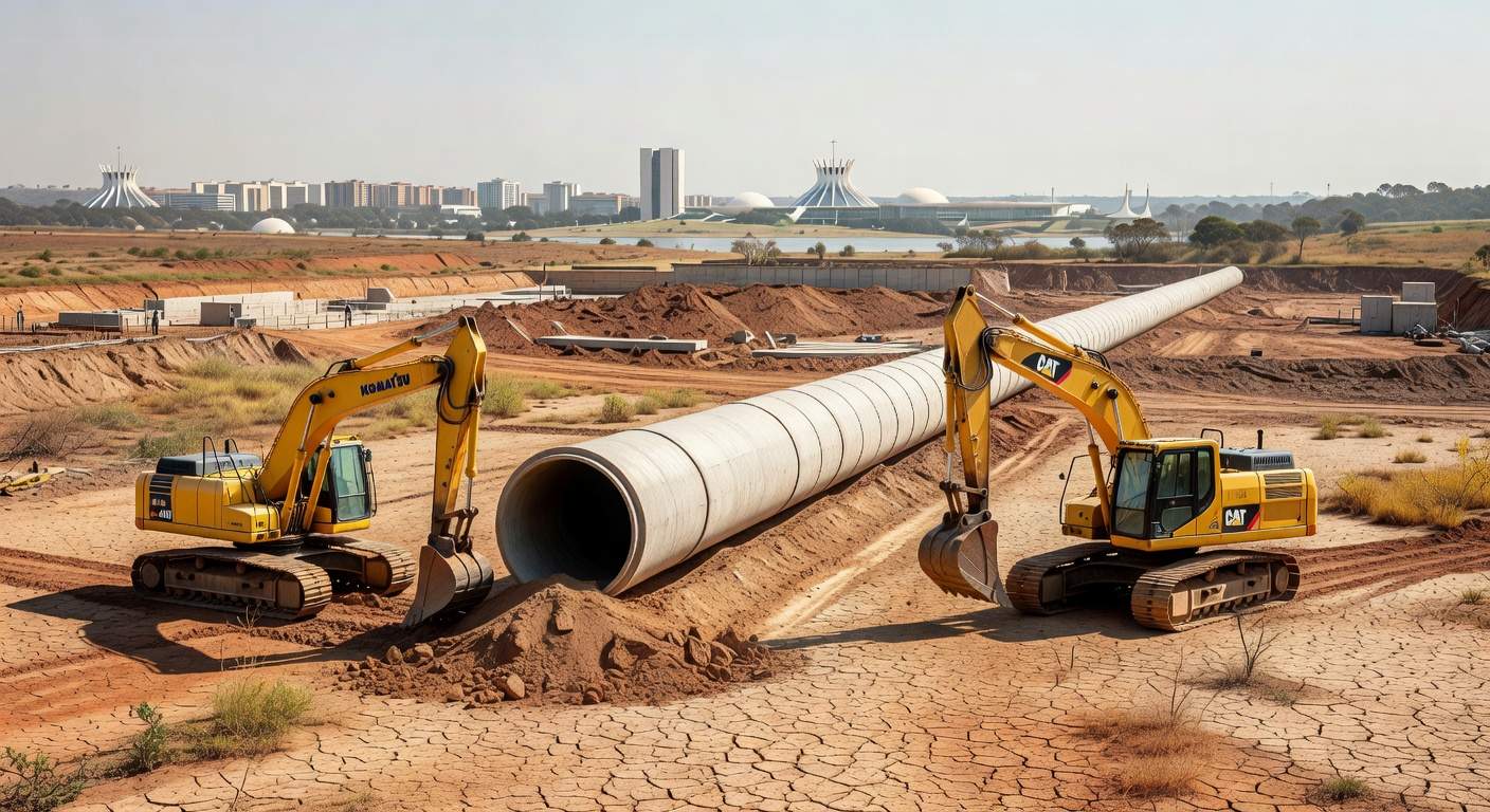Obras hidráulicas em construção no DF com reservatório de água baixo, destacando escassez hídrica persistente.
