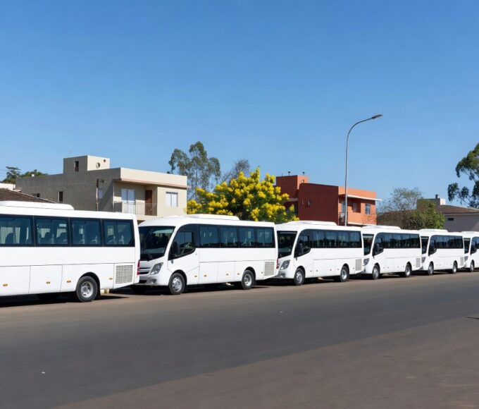 Fileira de mini-ônibus novos estacionados em rua do Paranoá, reforçando transporte público no Paranoá e Itapoã.