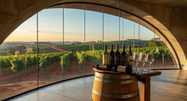 Vinícola Brasília com vinhedos e garrafas de vinho exclusivas, celebrando 2 anos com lançamentos e jantar harmonizado.