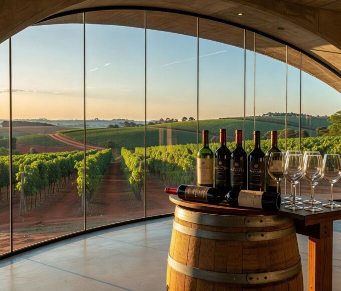Vinícola Brasília com vinhedos e garrafas de vinho exclusivas, celebrando 2 anos com lançamentos e jantar harmonizado.