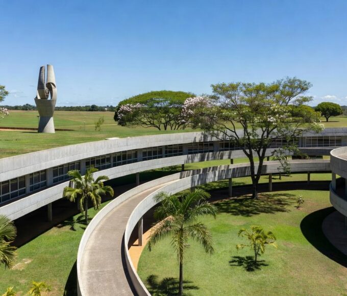 Escola no DF com arquitetura inspirada em Niemeyer, integrando design moderno à educação em Brasília.