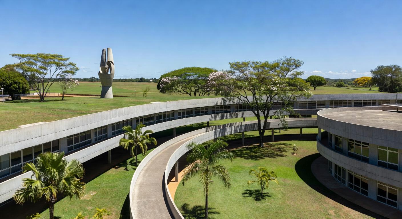 Escola no DF com arquitetura inspirada em Niemeyer, integrando design moderno à educação em Brasília.