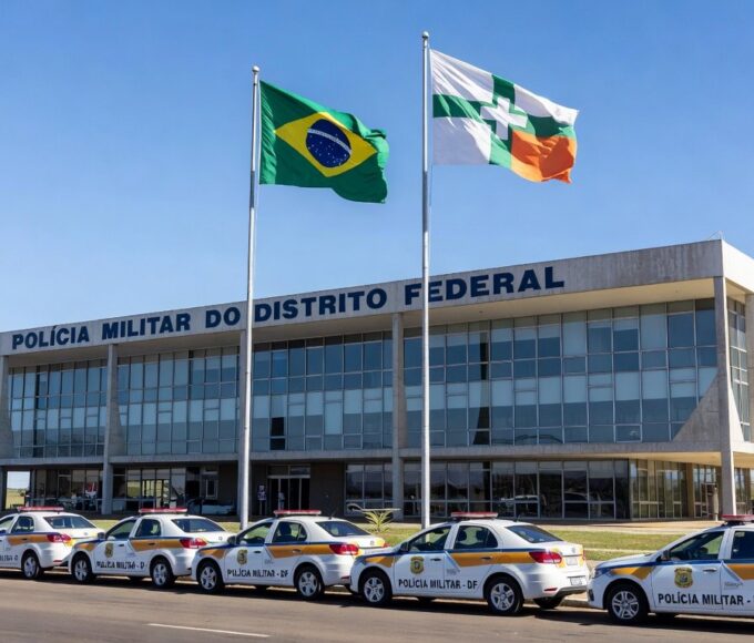 Mesa com decreto oficial sobre promoções na PMDF e CBMDF em escritório governamental de Brasília.