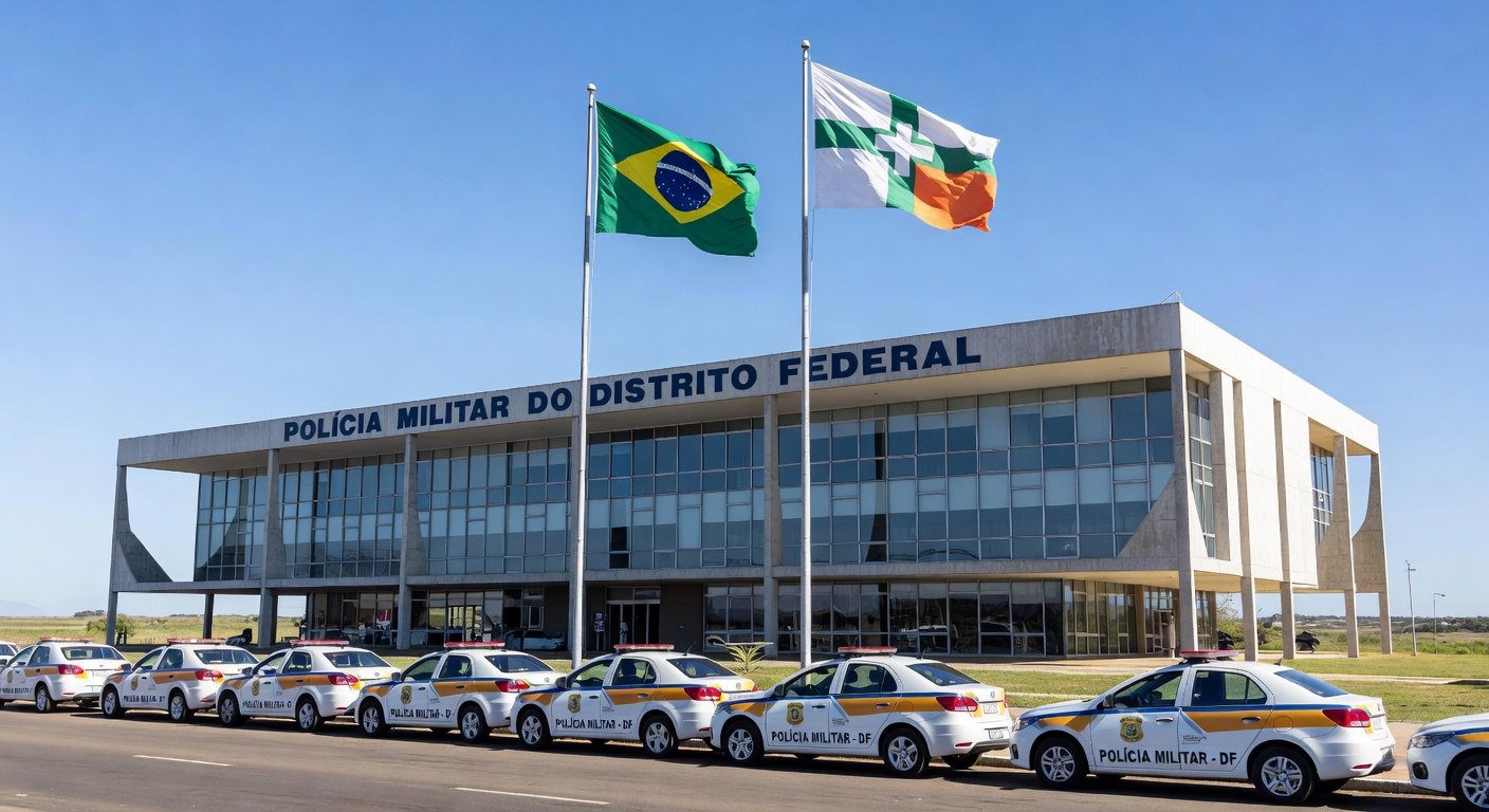 Mesa com decreto oficial sobre promoções na PMDF e CBMDF em escritório governamental de Brasília.