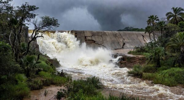 Barragem de Santa Maria transbordando no DF, revelando fragilidades no abastecimento de água.