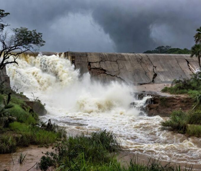 Barragem de Santa Maria transbordando no DF, revelando fragilidades no abastecimento de água.