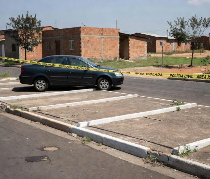 Estacionamento em rua de Samambaia com fita de isolamento policial, representando cena de assassinato por vaga.
