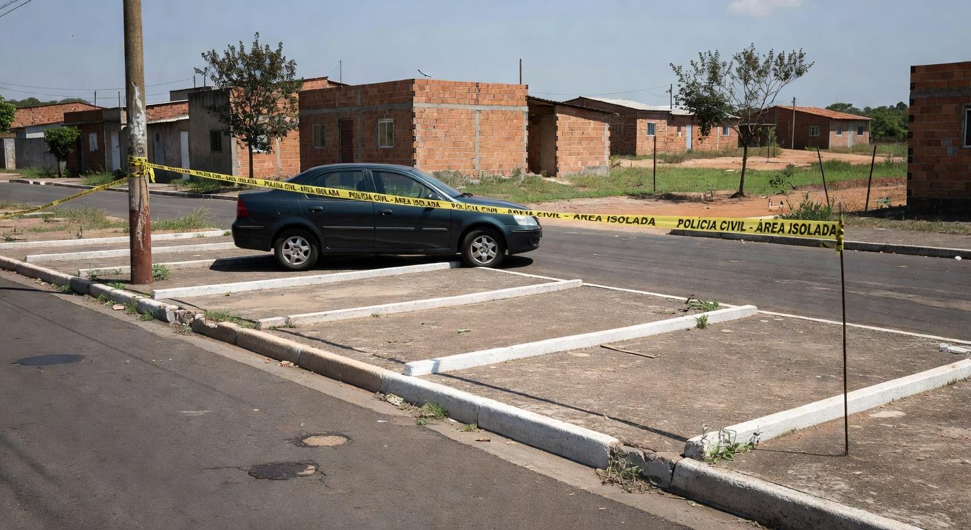 Estacionamento em rua de Samambaia com fita de isolamento policial, representando cena de assassinato por vaga.