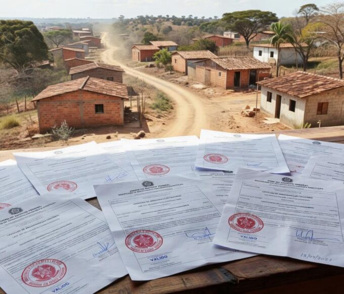 Vista de bairro em Planaltina com casas e elementos de regularização fundiária pelo GDF.