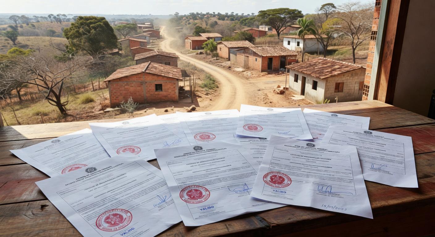 Vista de bairro em Planaltina com casas e elementos de regularização fundiária pelo GDF.