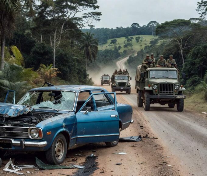 Cena de acidente de carro em rodovia brasileira, simbolizando assassinato de Juscelino Kubitschek pela ditadura militar.