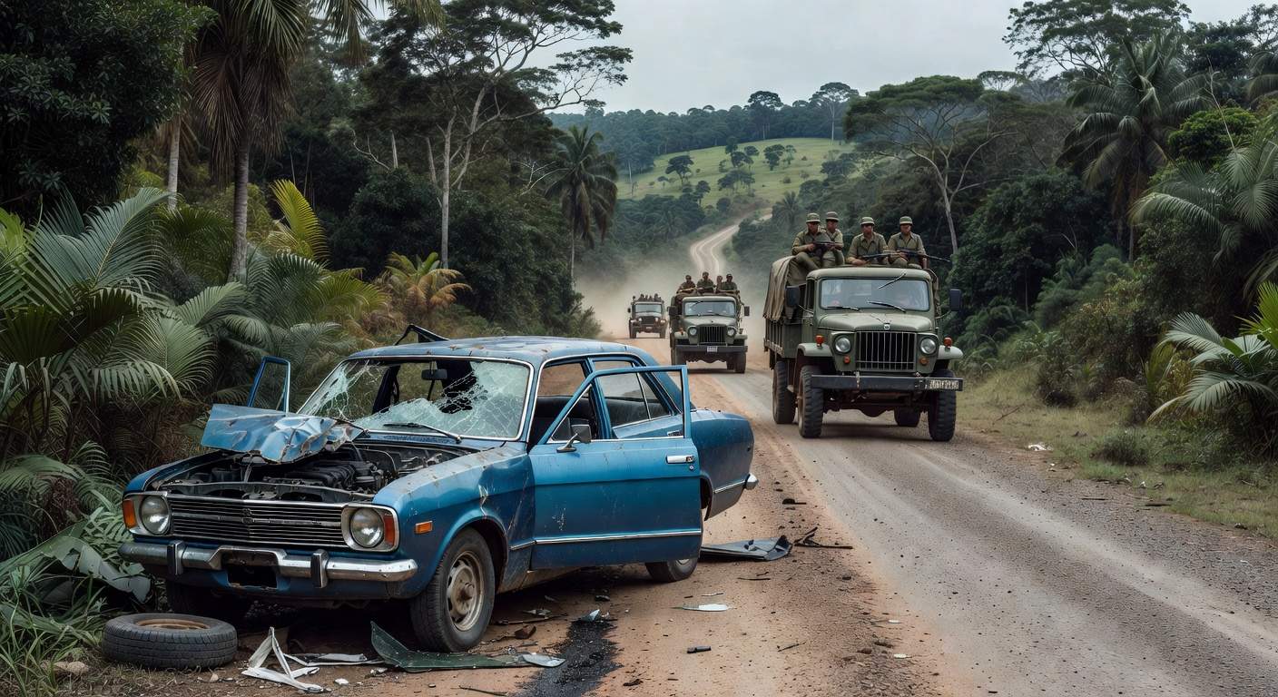 Cena de acidente de carro em rodovia brasileira, simbolizando assassinato de Juscelino Kubitschek pela ditadura militar.