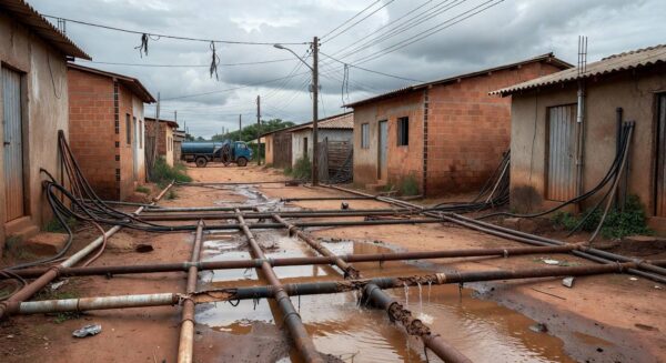 Ligações clandestinas de água em Sucupira, DF, com tubulações improvisadas e poças sujas, ameaçando saúde pública.