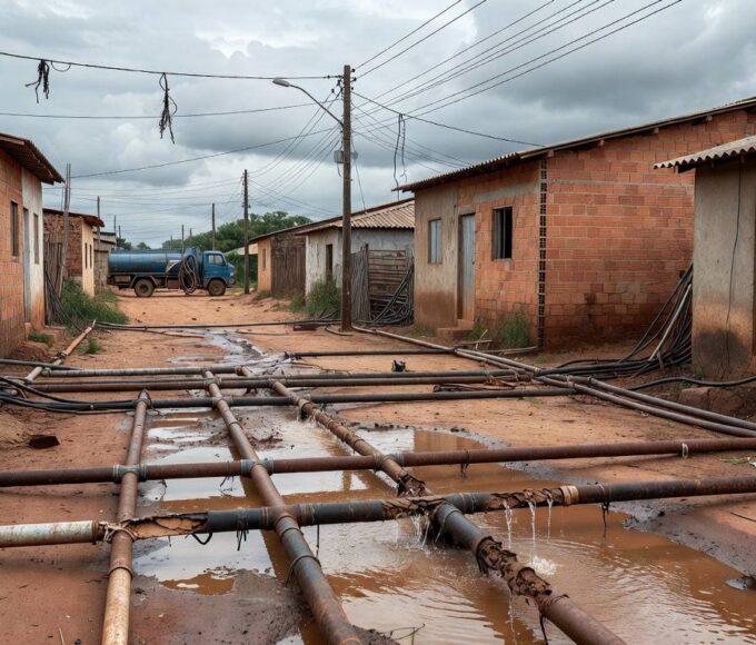 Ligações clandestinas de água em Sucupira, DF, com tubulações improvisadas e poças sujas, ameaçando saúde pública.