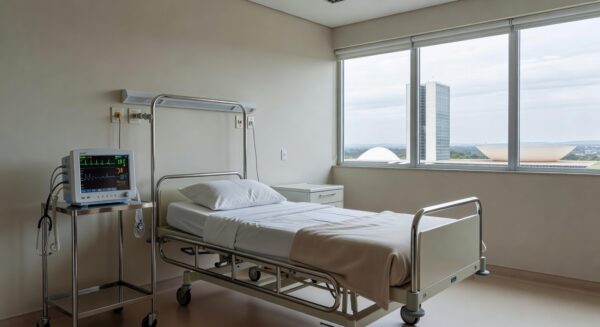 Quarto de hospital em Brasília com cama e equipamentos médicos, representando dedicação em cuidados após cirurgia no DF.