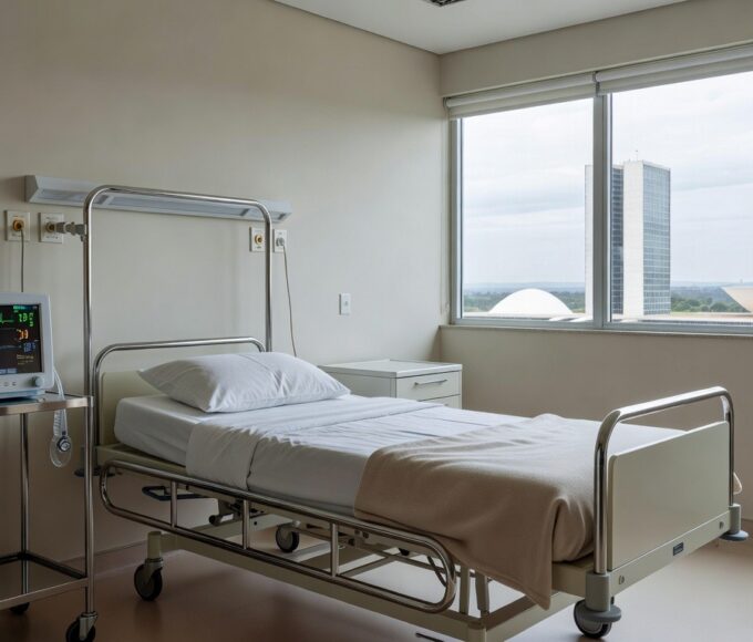 Quarto de hospital em Brasília com cama e equipamentos médicos, representando dedicação em cuidados após cirurgia no DF.