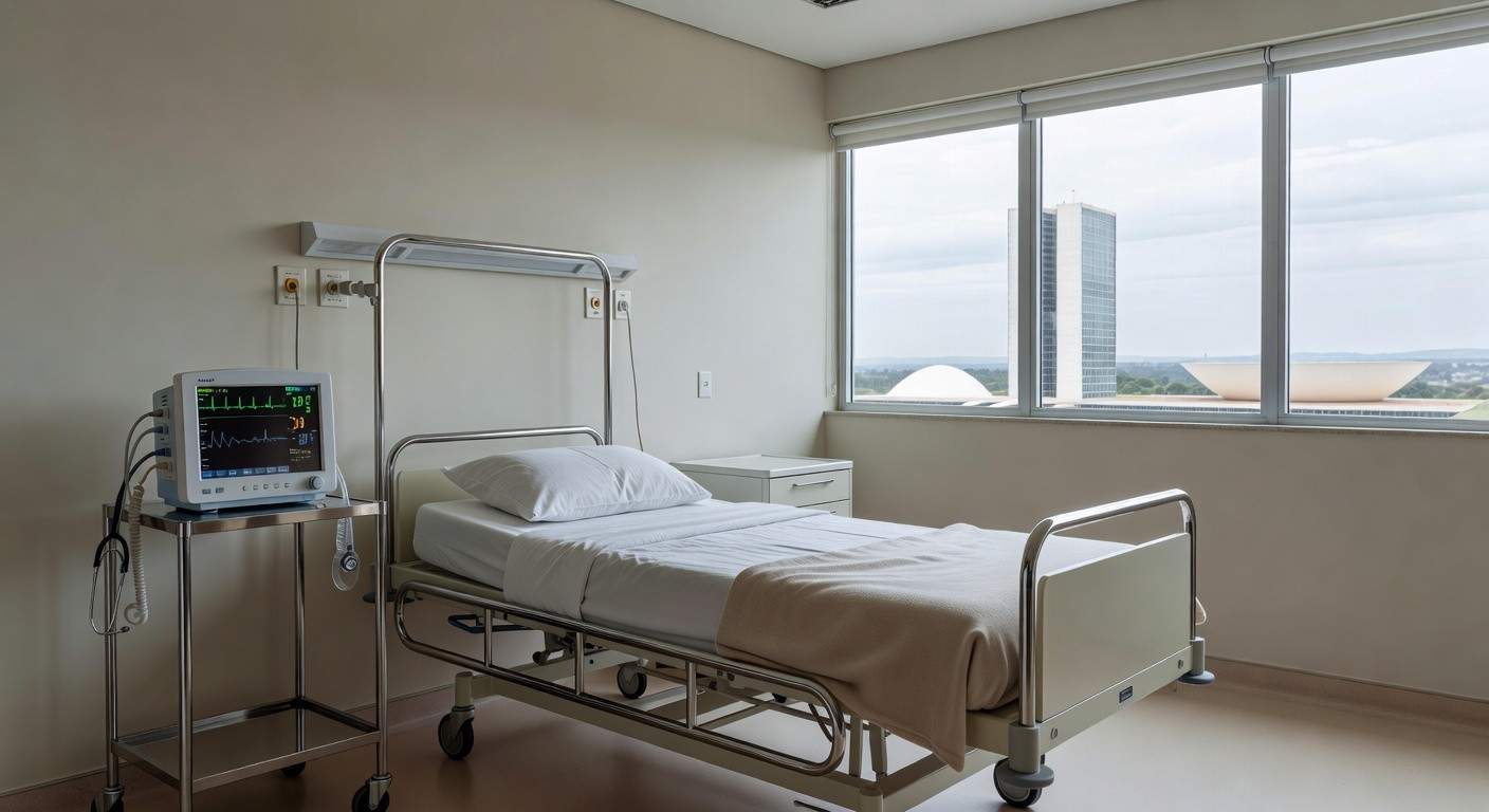 Quarto de hospital em Brasília com cama e equipamentos médicos, representando dedicação em cuidados após cirurgia no DF.