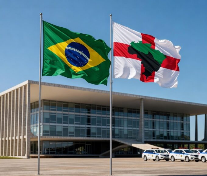 Cerimônia de homenagem ao presidente do TJDFT e celebração dos 217 anos da PMDF em Brasília, com bandeiras e emblemas oficiais.