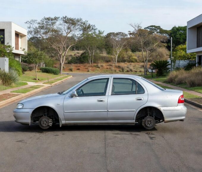 Carro com rodas e pneus furtados em rua do Lago Norte, Brasília