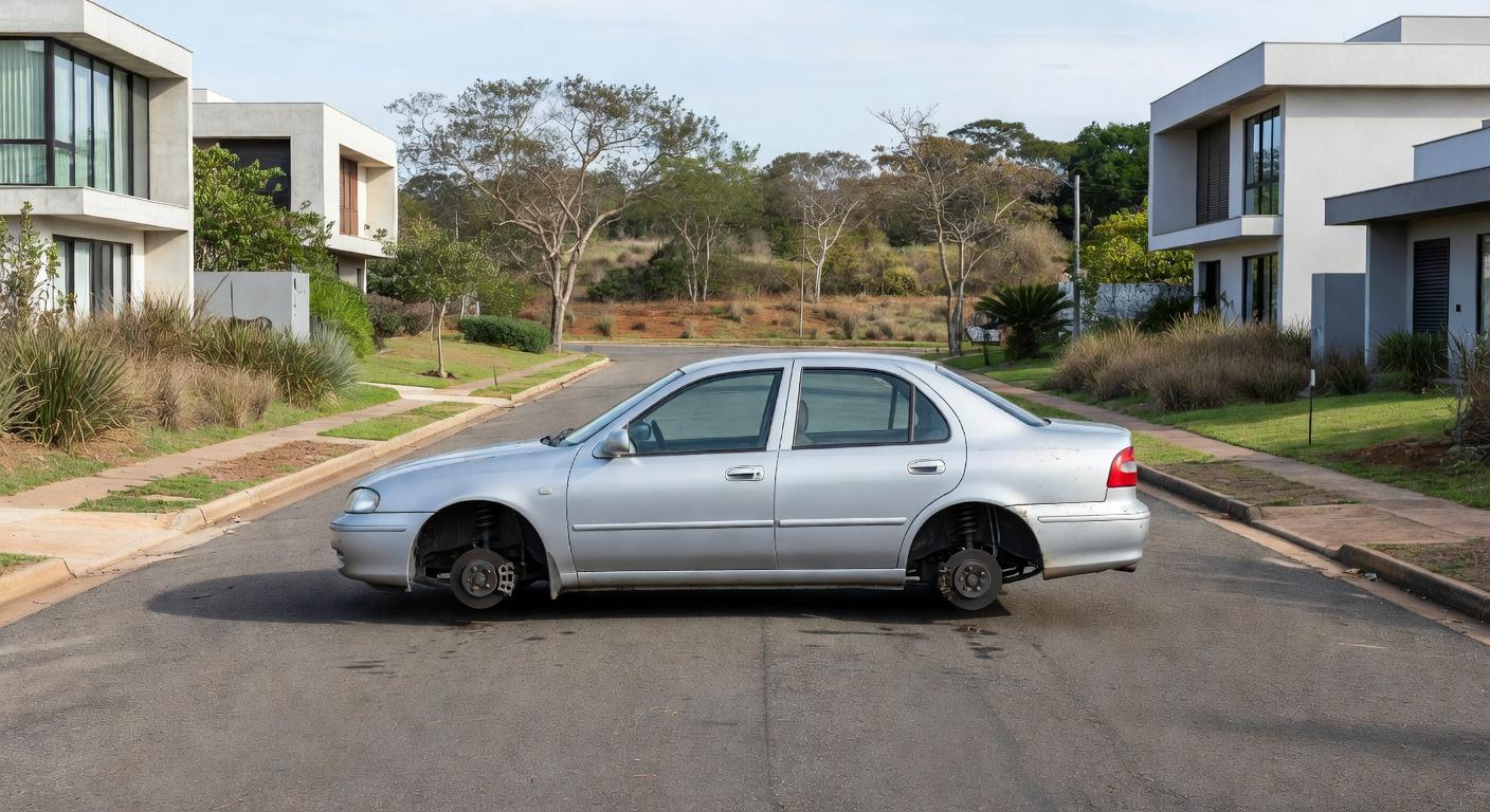 Carro com rodas e pneus furtados em rua do Lago Norte, Brasília
