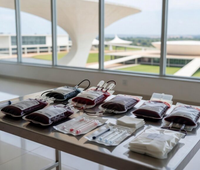 Centro de doação de sangue e vacinação em Brasília com equipamentos médicos
