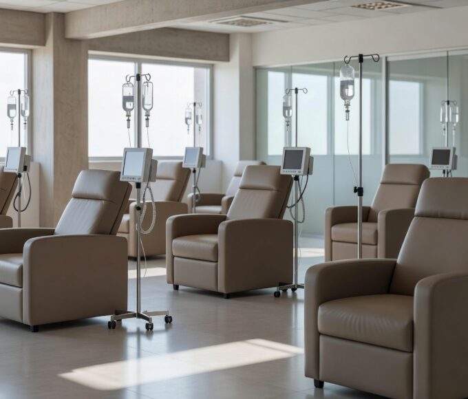 Sala de infusão hospitalar vazia no DF representando debate sobre centro de tratamento
