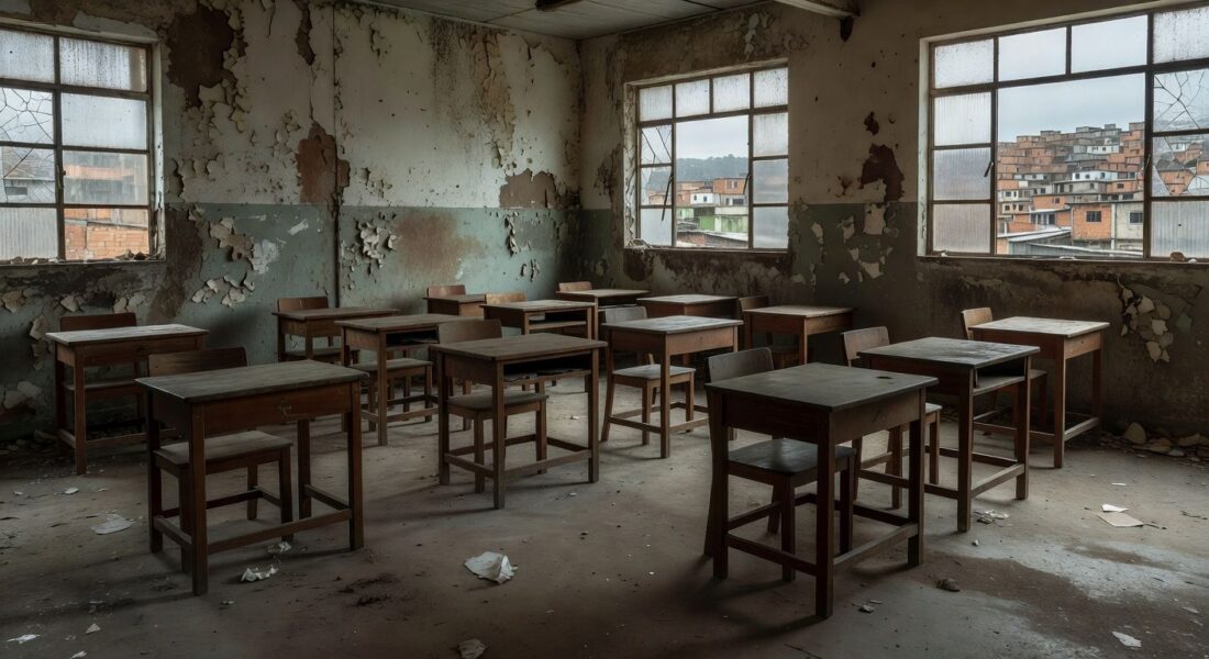 Sala de aula vazia em escola pública brasileira simbolizando fracasso na EJA
