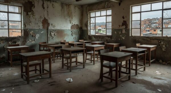 Sala de aula vazia em escola pública brasileira simbolizando fracasso na EJA
