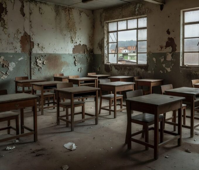 Sala de aula vazia em escola pública brasileira simbolizando fracasso na EJA