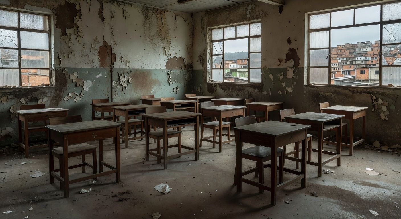 Sala de aula vazia em escola pública brasileira simbolizando fracasso na EJA